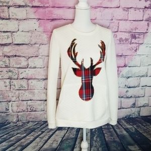 12 PM BY MON AMI QUILTED PLAID REINDEER HOLIDAY STYLE SWEATSHIRT